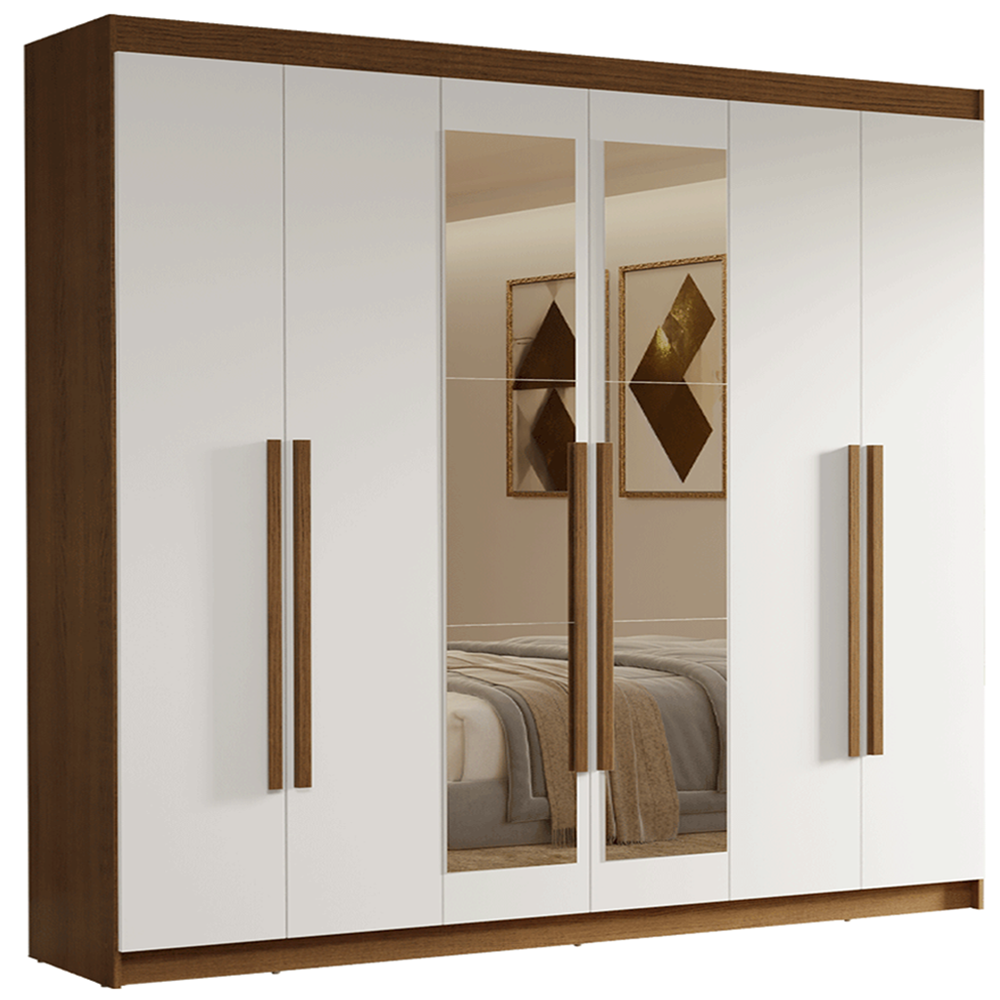 Guarda-Roupa Casal 6 Portas Batentes com Espelho Rustic/Branco/Rustic Venus Madesa