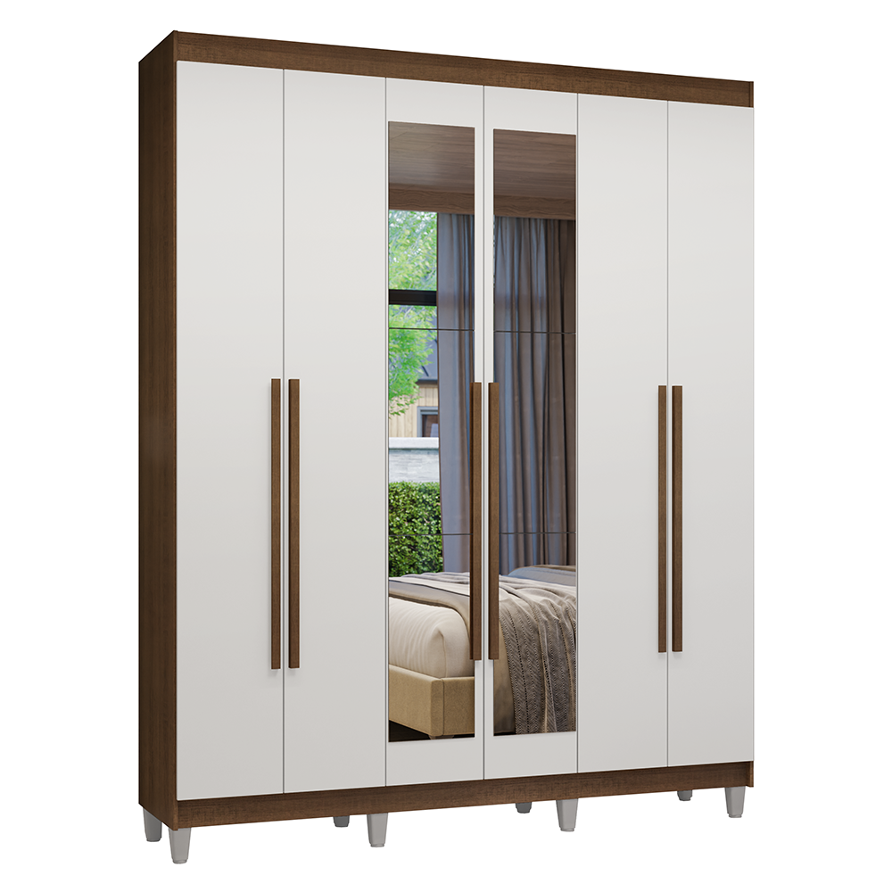 Guarda-Roupa Casal com Pés 6 Portas Batentes com Espelho Rustic/Branco/Rustic Venus Madesa