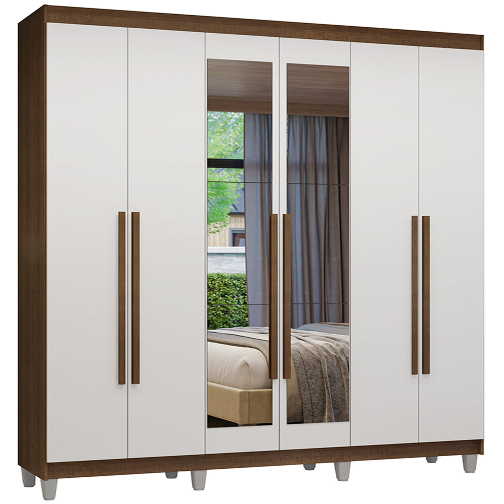 Guarda-Roupa Casal com Pés 6 Portas Batentes com Espelho Rustic/Branco/Rustic Venus Madesa