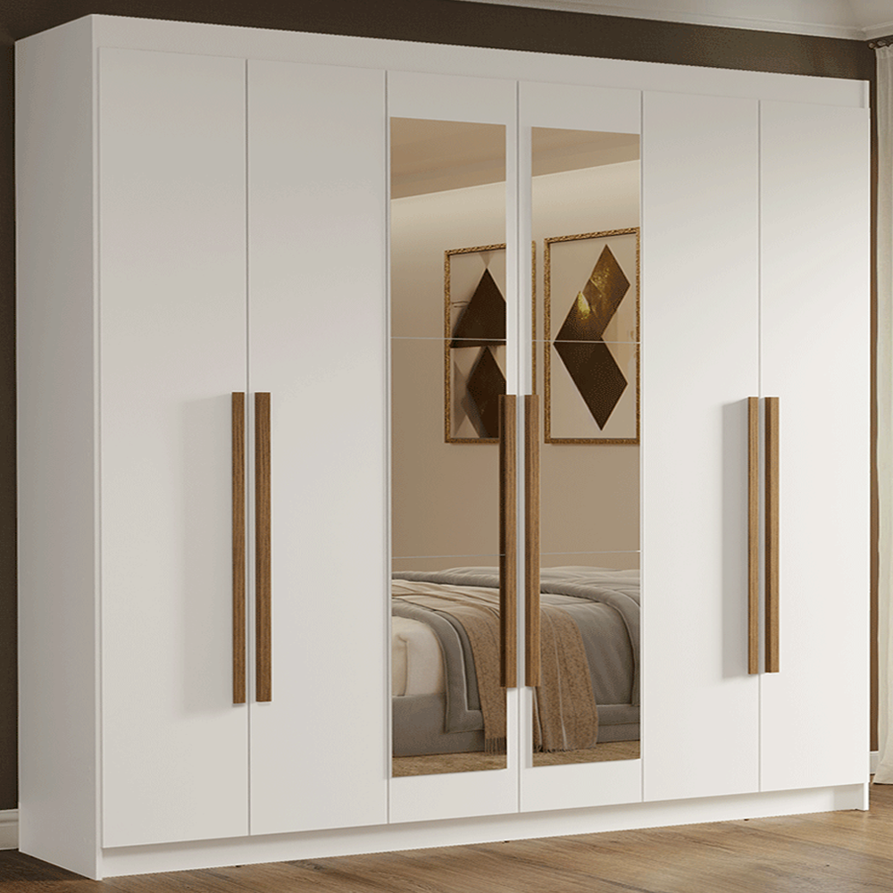 Guarda-Roupa Casal 6 Portas Batentes com Espelho Branco/Branco/Rustic Venus Madesa