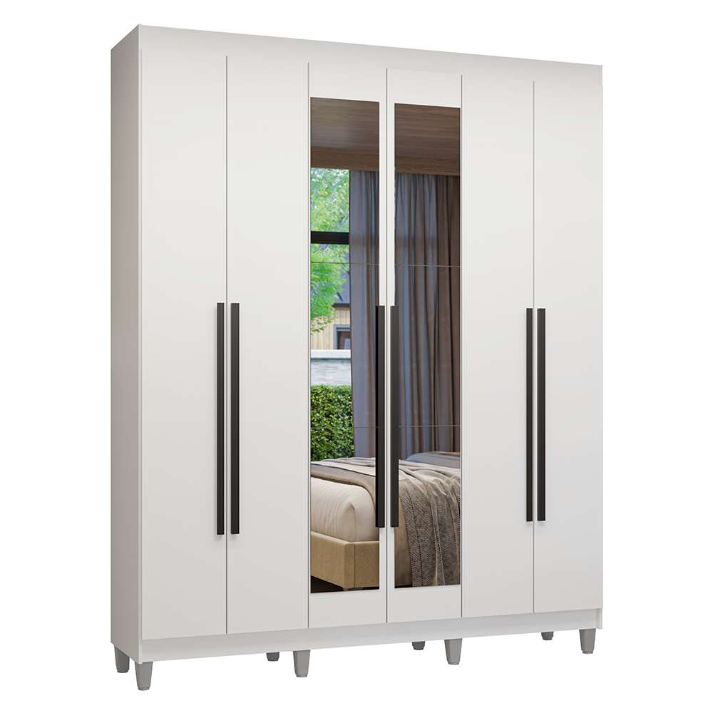 Guarda-Roupa Casal com Pés 6 Portas Batentes com Espelho Branco/Branco/Preto Venus Madesa