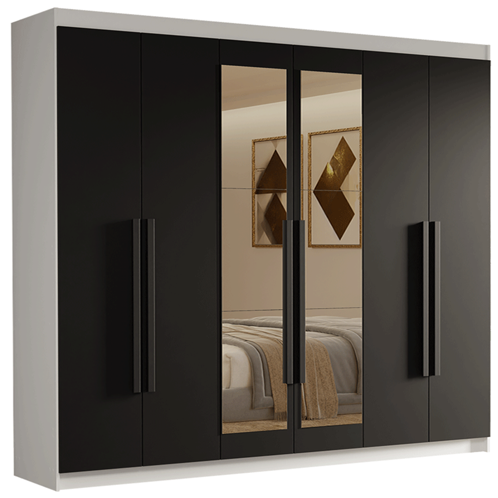 Guarda-Roupa Casal 6 Portas Batentes com Espelho Branco/Preto/Preto Venus Madesa