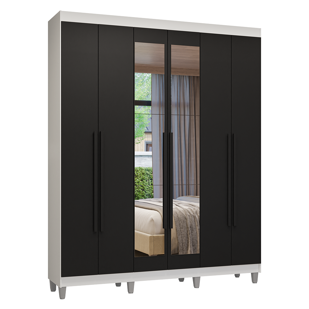 Guarda-Roupa Casal com Pés 6 Portas Batentes com Espelho Branco/Preto/Preto Venus Madesa