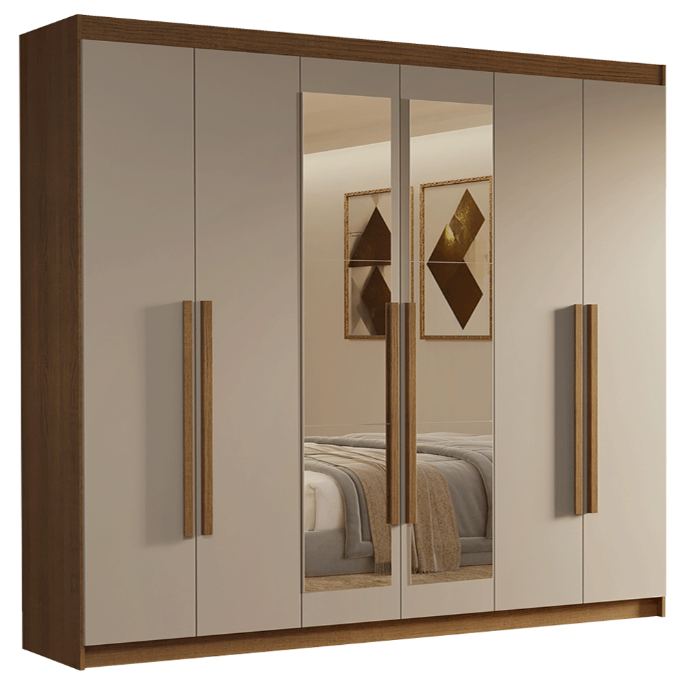 Guarda-Roupa Casal 6 Portas Batentes com Espelho Rustic/Crema/Rustic Venus Madesa