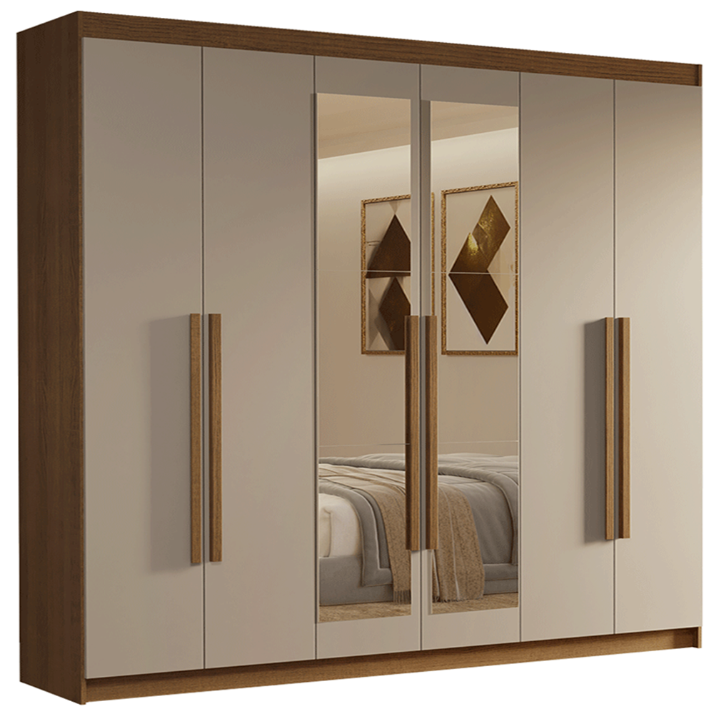 Guarda-Roupa Casal 6 Portas Batentes com Espelho Rustic/Crema/Rustic Venus Madesa