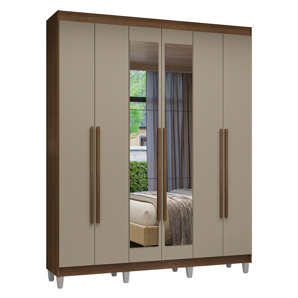 Guarda-Roupa Casal com Pés 6 Portas Batentes com Espelho Rustic/Crema/Rustic Venus Madesa