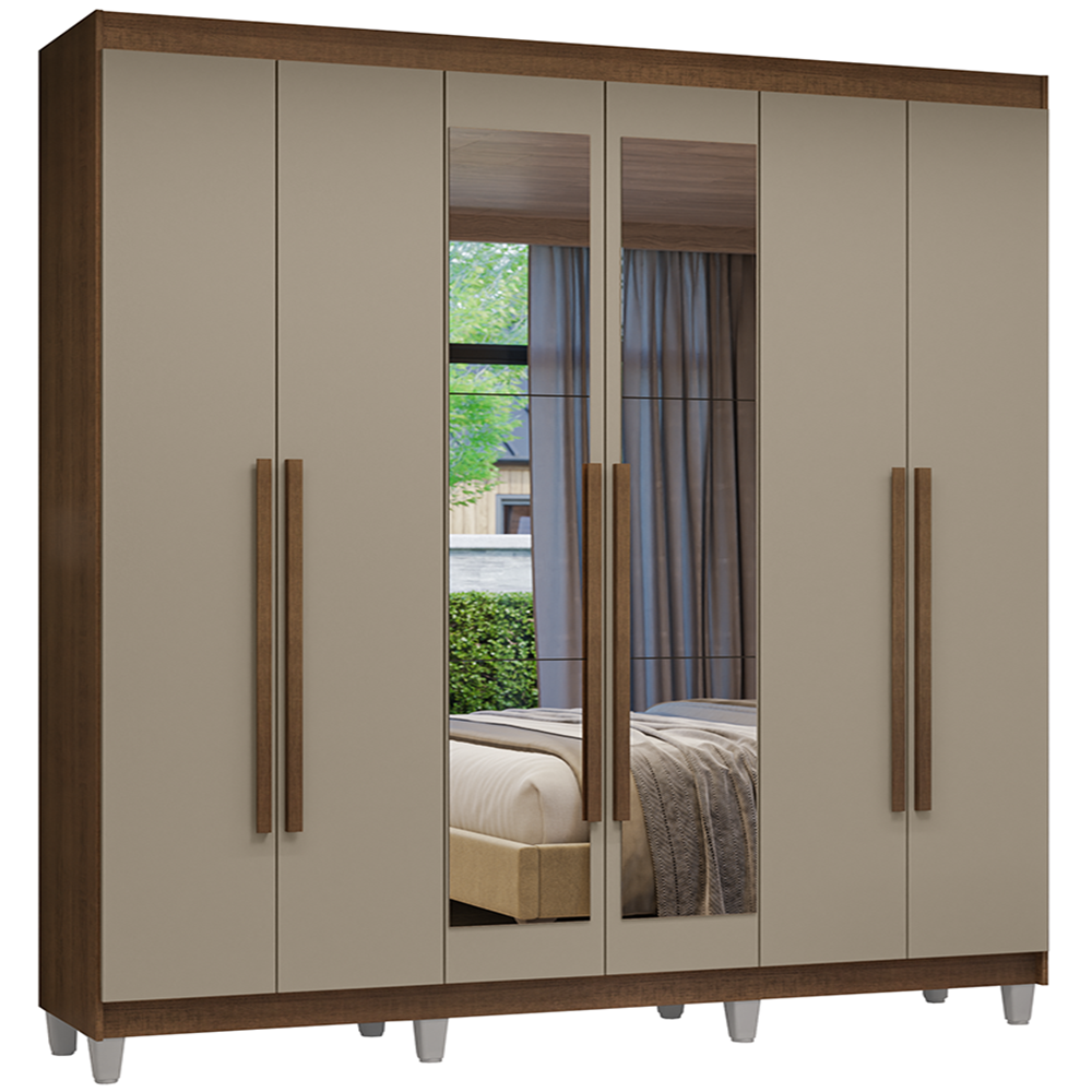 Guarda-Roupa Casal com Pés 6 Portas Batentes com Espelho Rustic/Crema/Rustic Venus Madesa