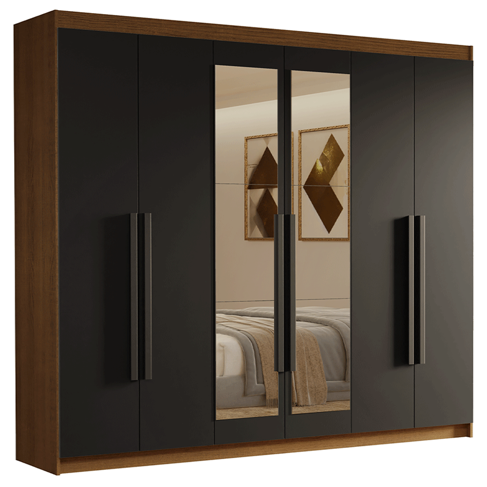 Guarda-Roupa Casal 6 Portas Batentes com Espelho Rustic/Preto/Preto Venus Madesa