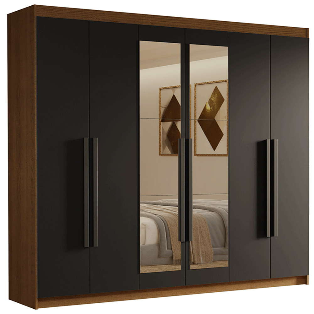 Guarda-Roupa Casal 6 Portas Batentes com Espelho Rustic/Preto/Preto Venus Madesa