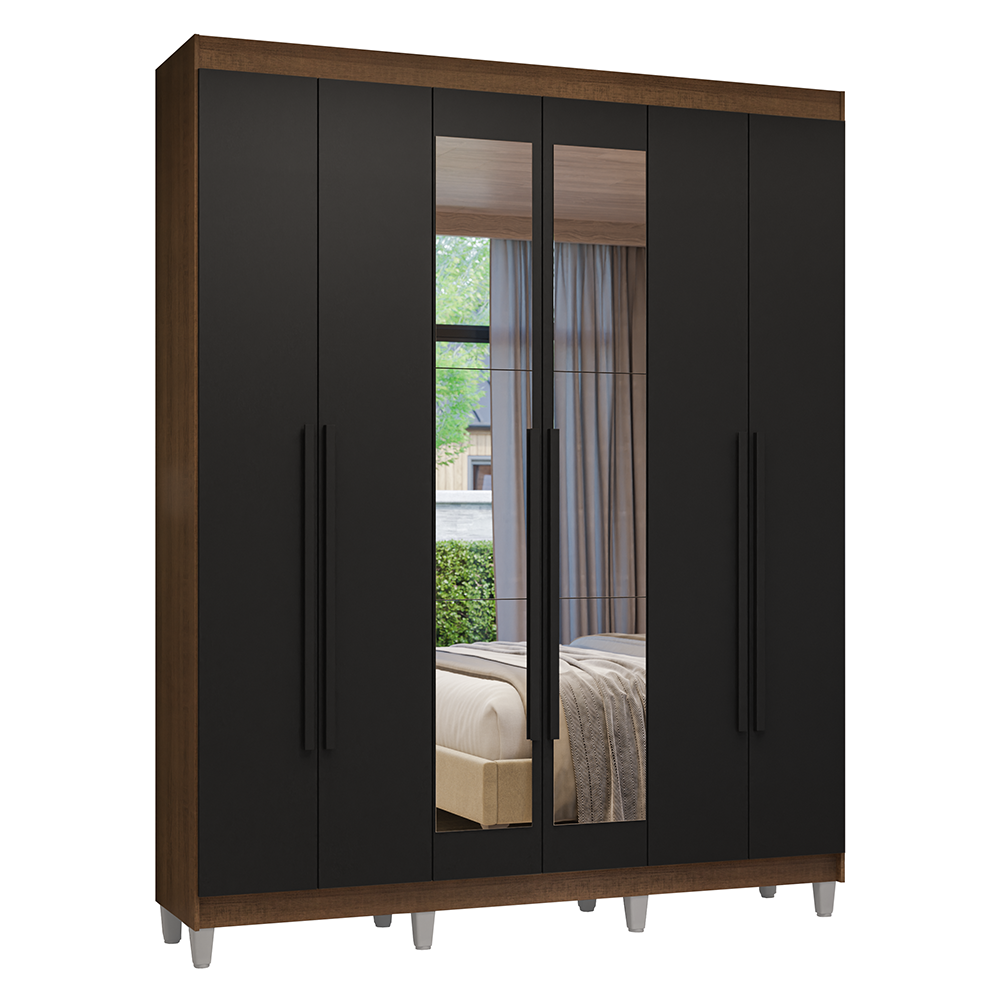 Guarda-Roupa Casal com Pés 6 Portas Batentes com Espelho Rustic/Preto/Preto Venus Madesa
