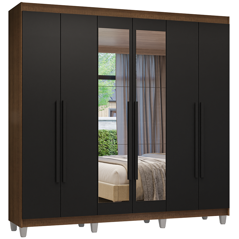 Guarda-Roupa Casal com Pés 6 Portas Batentes com Espelho Rustic/Preto/Preto Venus Madesa