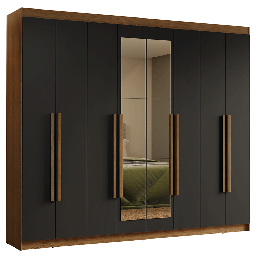 Guarda-Roupa Casal 8 Portas Batentes com Espelho Rustic/Preto/Rustic Venus Madesa