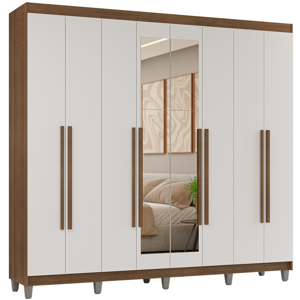 Guarda-Roupa Casal com Pés 8 Portas Batentes com Espelho Rustic/Branco/Rustic Venus Madesa