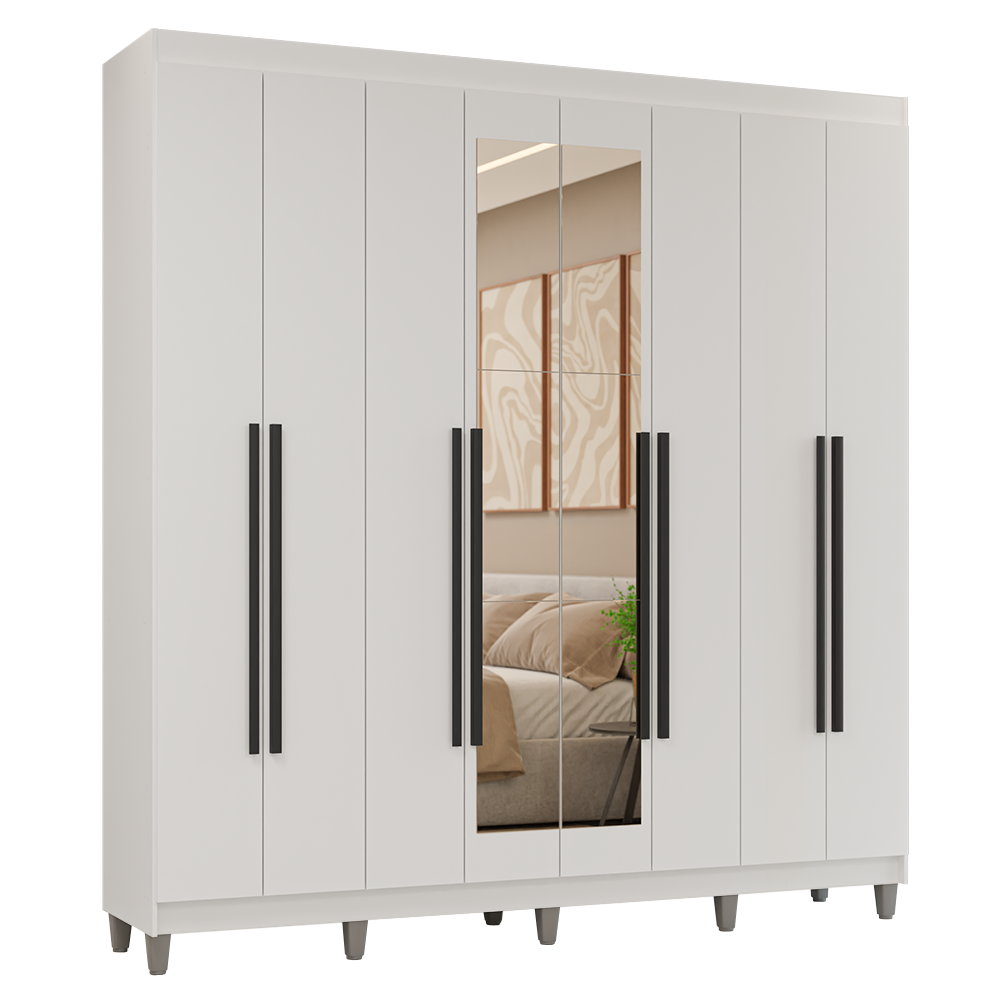 Guarda-Roupa Casal com Pés 8 Portas Batentes com Espelho Branco/Branco/Preto Venus Madesa