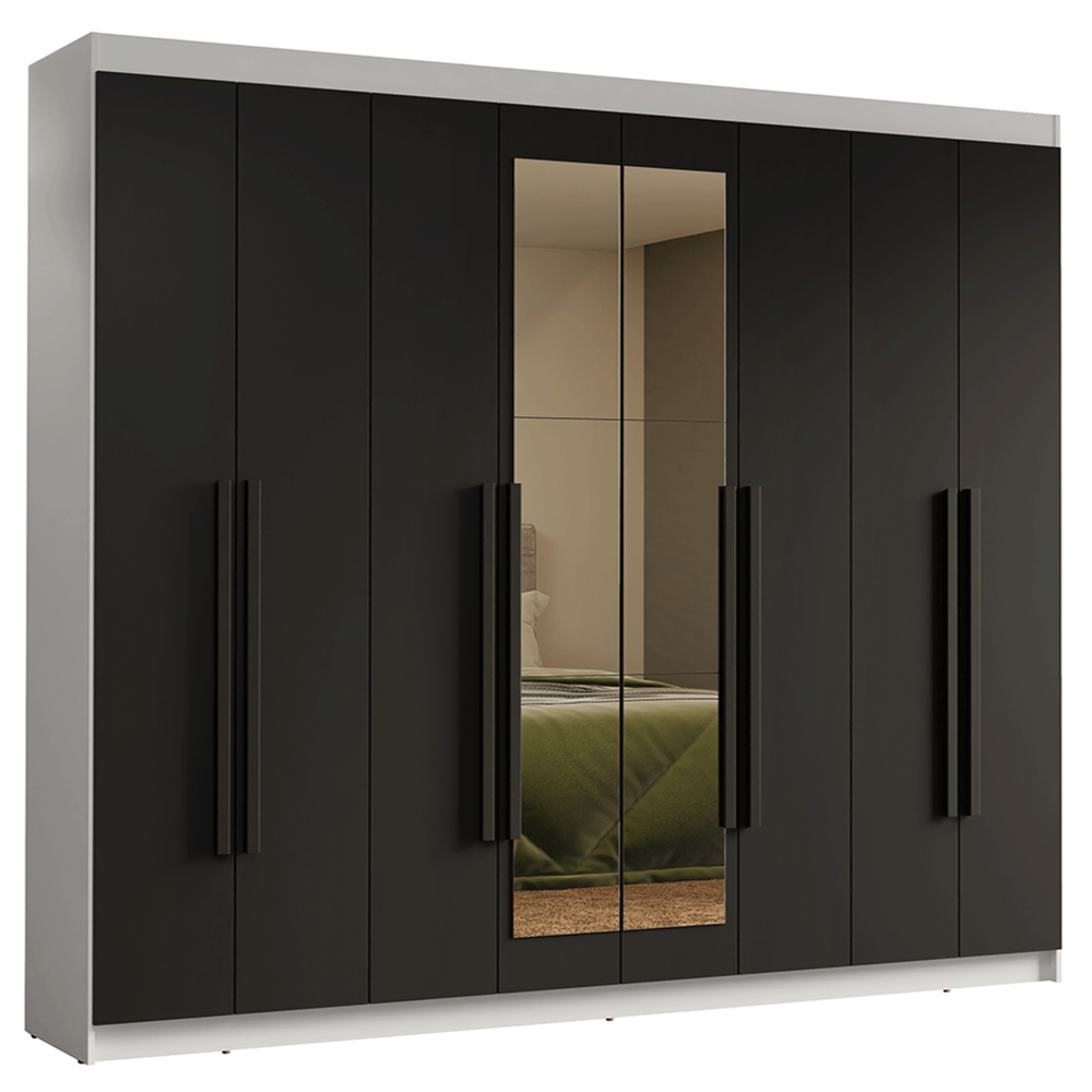 Guarda-Roupa Casal 8 Portas Batentes com Espelho Branco/Preto/Preto Venus Madesa