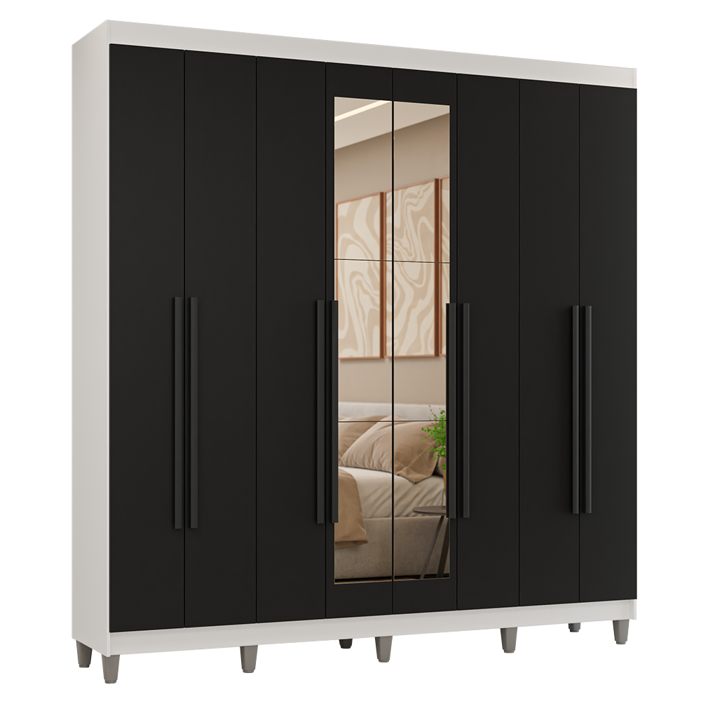 Guarda-Roupa Casal com Pés 8 Portas Batentes com Espelho Branco/Preto/Preto Venus Madesa