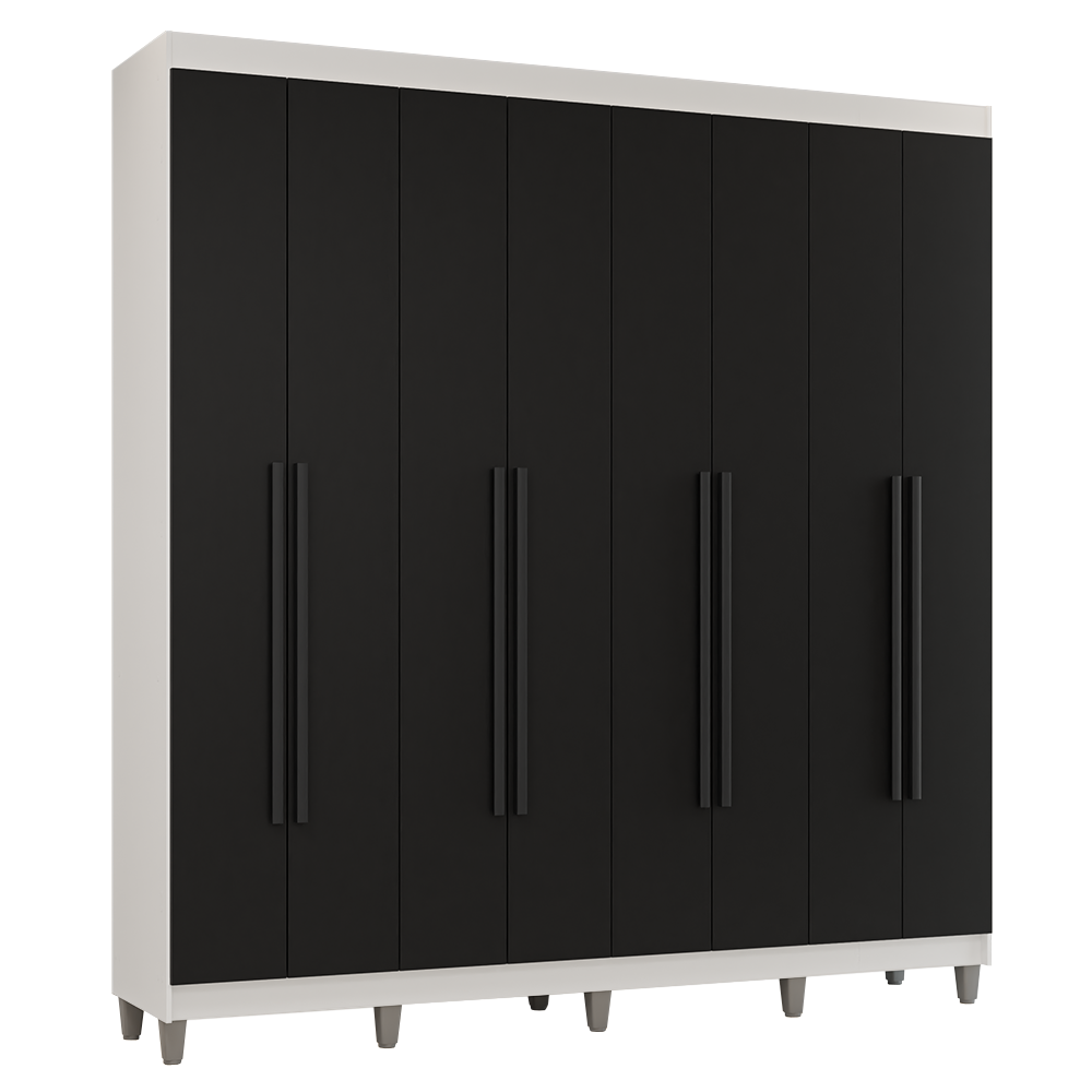 Guarda-Roupa Casal com Pés 8 Portas Batentes Branco/Preto/Preto Venus Madesa