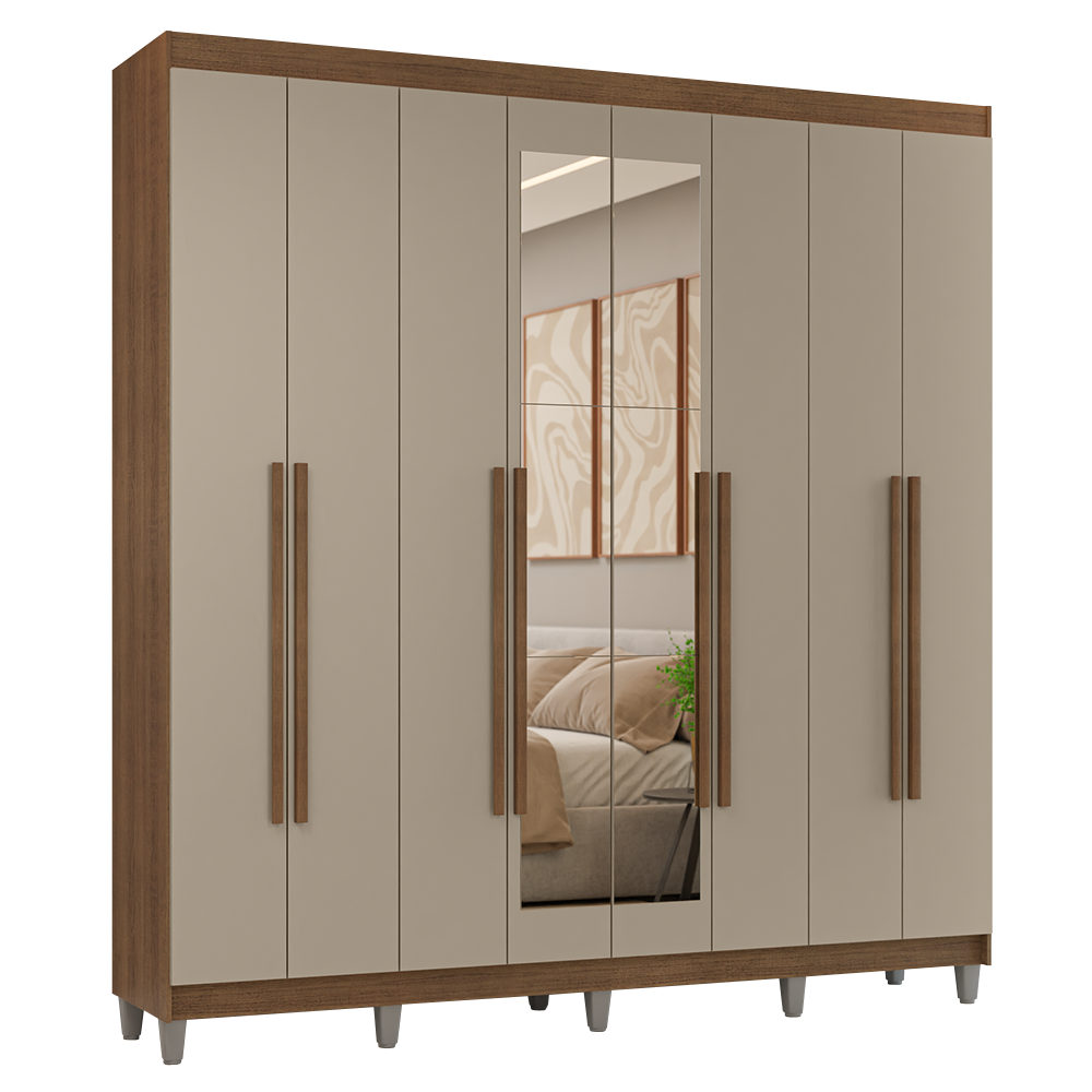 Guarda-Roupa Casal com Pés 8 Portas Batentes com Espelho Rustic/Crema/Rustic Venus Madesa