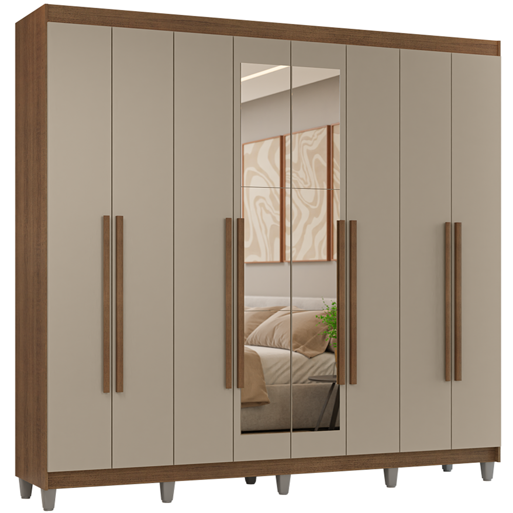 Guarda-Roupa Casal com Pés 8 Portas Batentes com Espelho Rustic/Crema/Rustic Venus Madesa