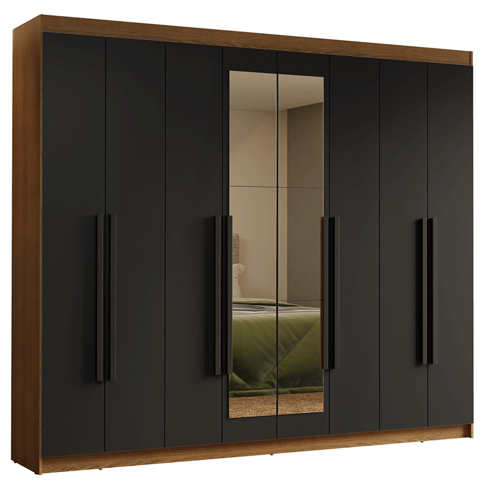 Guarda-Roupa Casal 8 Portas Batentes com Espelho Rustic/Preto/Preto Venus Madesa