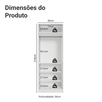 Guarda-Roupa Modulado 2 Portas com Espelho 4 Prateleiras 1 Cabideiro Branco Neo Madesa