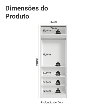 Guarda-Roupa Modulado 2 Portas com Espelho 4 Prateleiras 1 Cabideiro Branco Neo Madesa