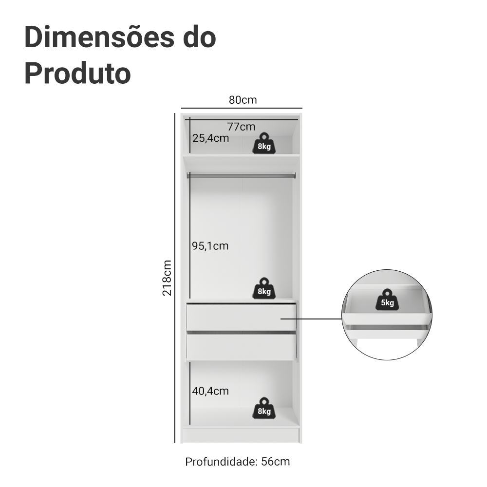 Guarda-Roupa Modulado 2 Portas 2 Gavetas 1 Cabideiro Branco Neo Madesa