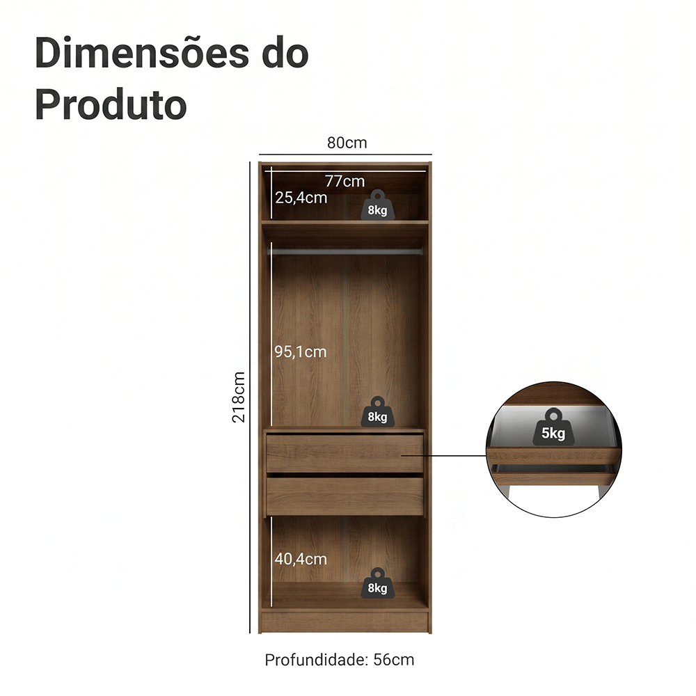 Guarda-Roupa Modulado 2 Portas com Espelho 2 Gavetas 1 Cabideiro Rustic/Crema Neo Madesa