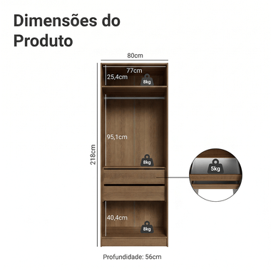 Guarda-Roupa Modulado 2 Portas com Espelho 2 Gavetas 1 Cabideiro Rustic/Crema Neo Madesa
