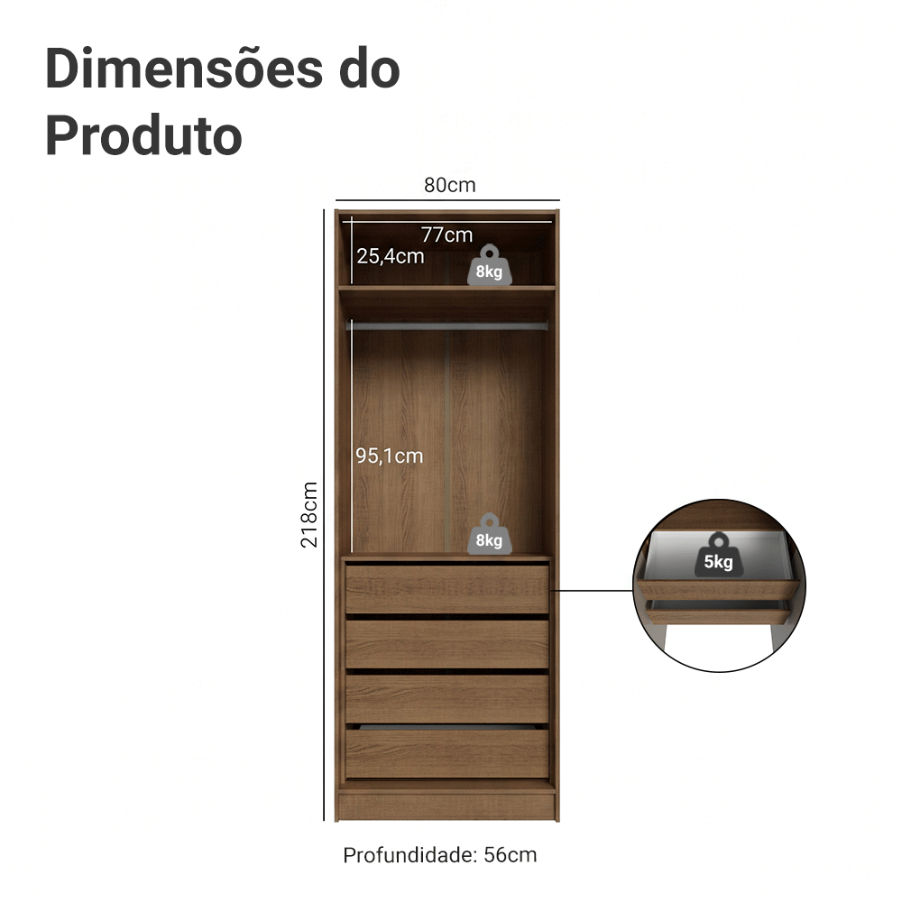 Guarda-Roupa Modulado 2 Portas com Espelho 4 Gavetas 1 Cabideiro Rustic/Crema Neo Madesa