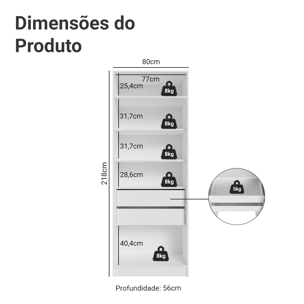 Guarda-Roupa Modulado 2 Portas com Espelho 2 Gavetas 4 Prateleiras Branco Neo Madesa
