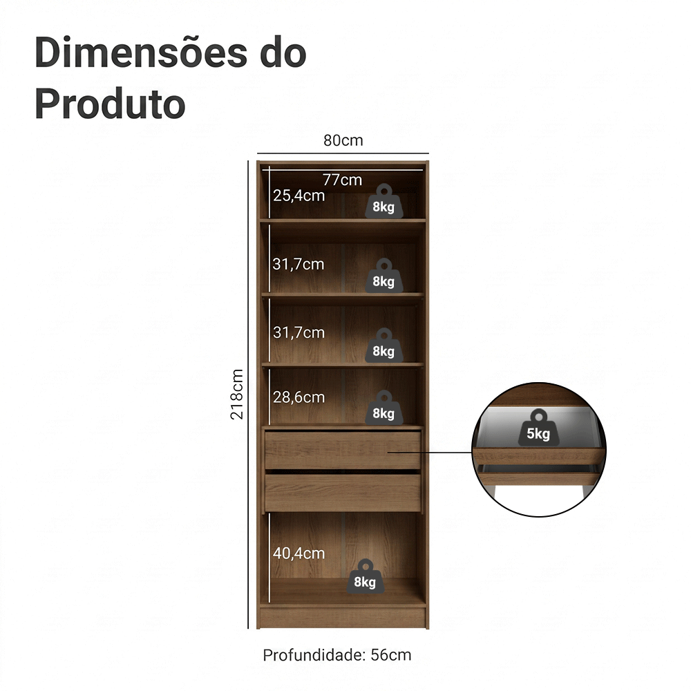Guarda-Roupa Modulado 2 Portas com Espelho 2 Gavetas 4 Prateleiras Rustic/Crema Neo Madesa