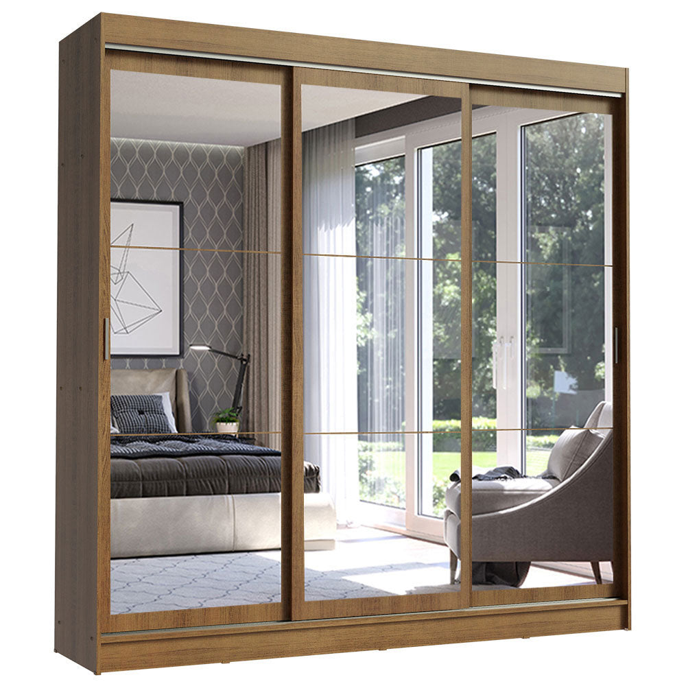 Guarda-Roupa Casal Madesa Istambul 3 Portas de Correr de Espelho 3 Gavetas Rustic