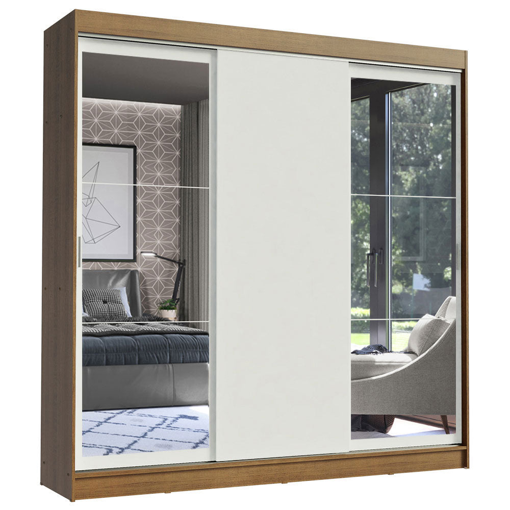 Guarda-Roupa Casal Madesa Istambul 3 Portas de Correr com Espelhos 3 Gavetas Rustic/Branco