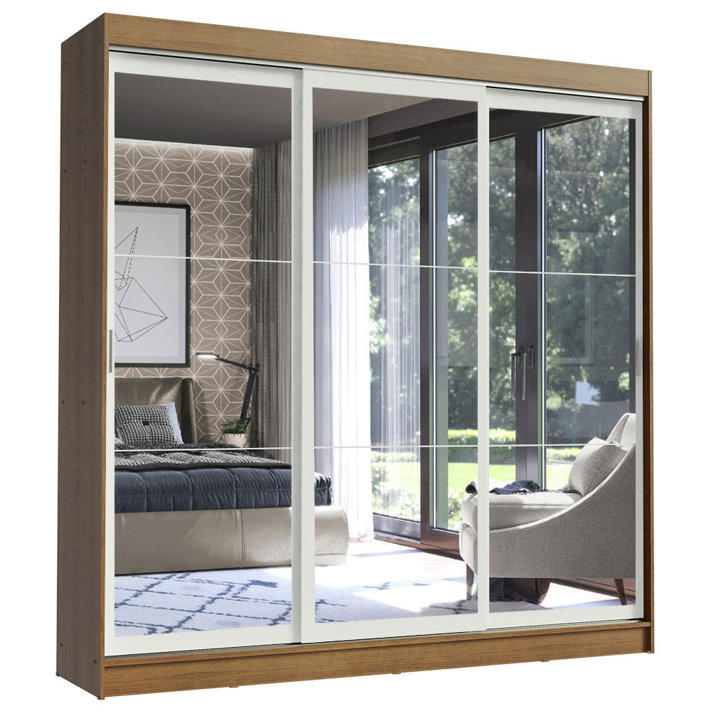 Guarda-Roupa Casal Madesa Istambul 3 Portas de Correr de Espelho 3 Gavetas Rustic/Branco