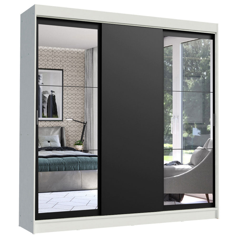 Guarda-Roupa Casal Madesa Istambul 3 Portas de Correr com Espelhos 3 Gavetas Branco/Preto