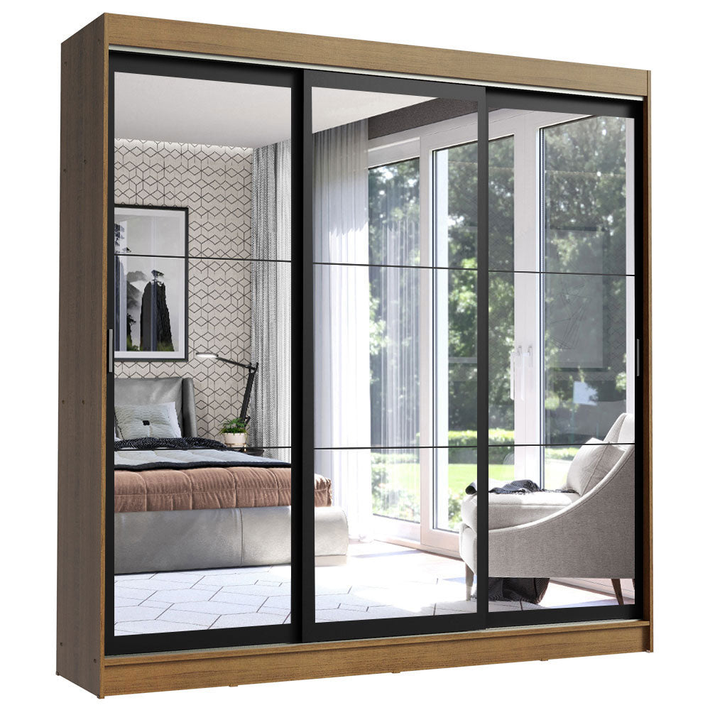 Guarda-Roupa Casal Madesa Istambul 3 Portas de Correr de Espelho 3 Gavetas Rustic/Preto