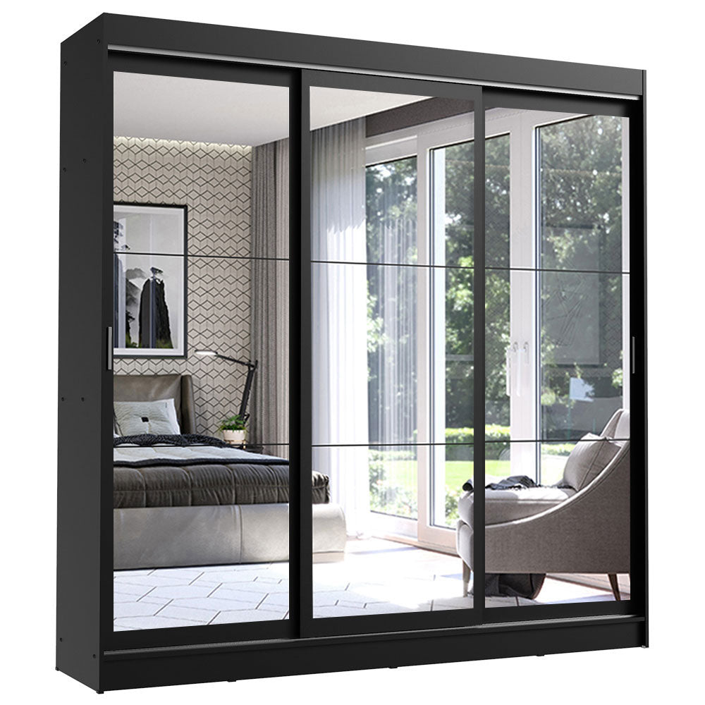 Guarda-Roupa Casal Madesa Istambul 3 Portas de Correr de Espelho 3 Gavetas Preto