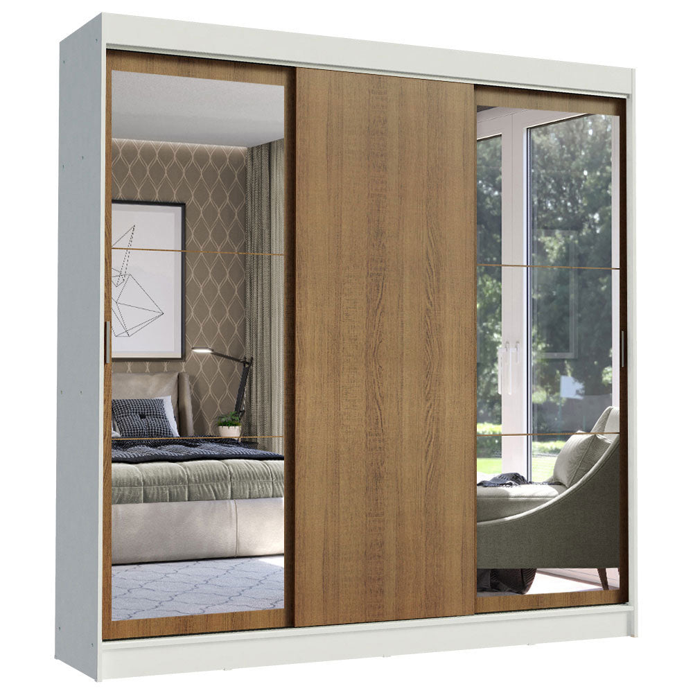 Guarda-Roupa Casal Madesa Istambul 3 Portas de Correr com Espelhos 3 Gavetas Branco/Rustic