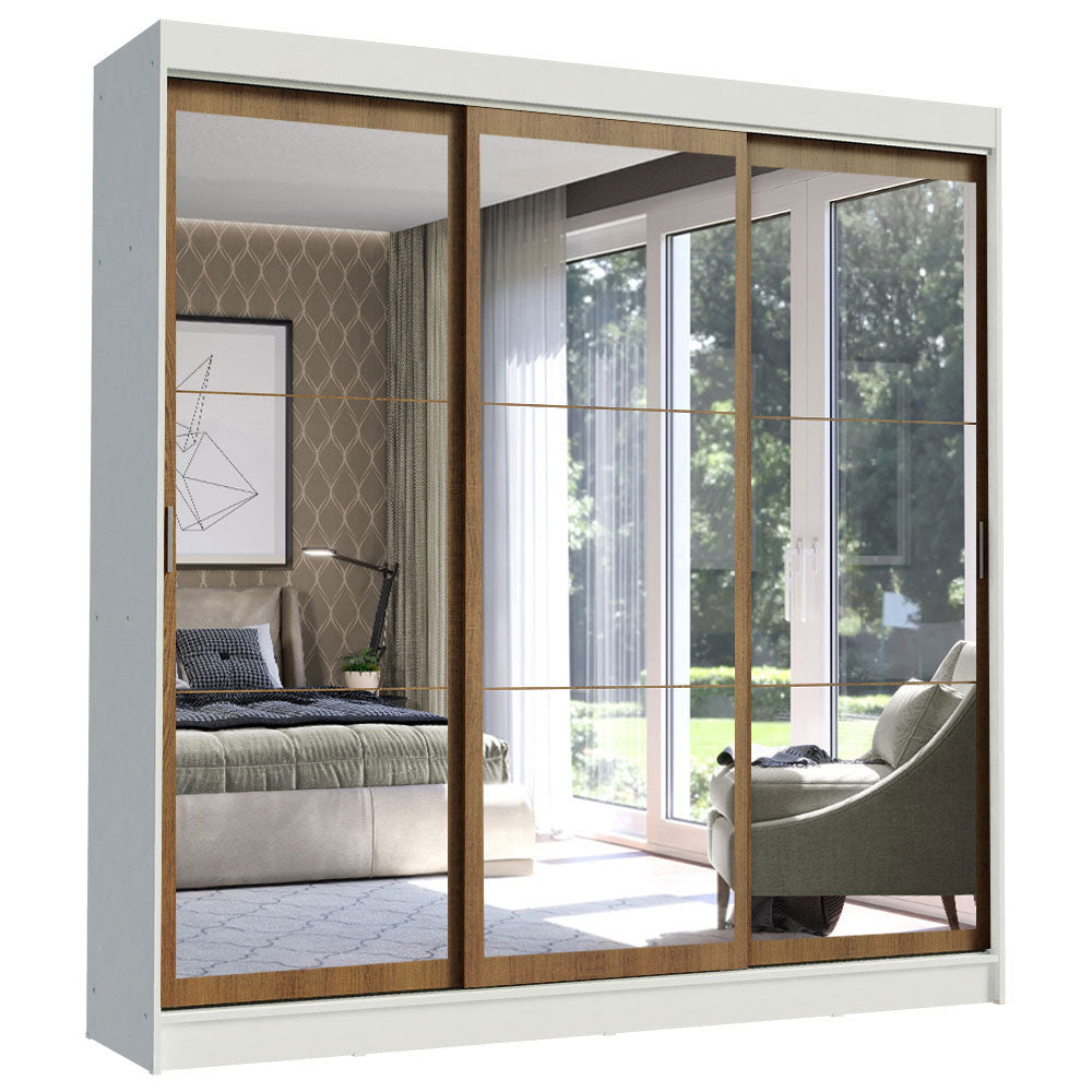 Guarda-Roupa Casal Madesa Istambul 3 Portas de Correr de Espelho 3 Gavetas Branco/Rustic
