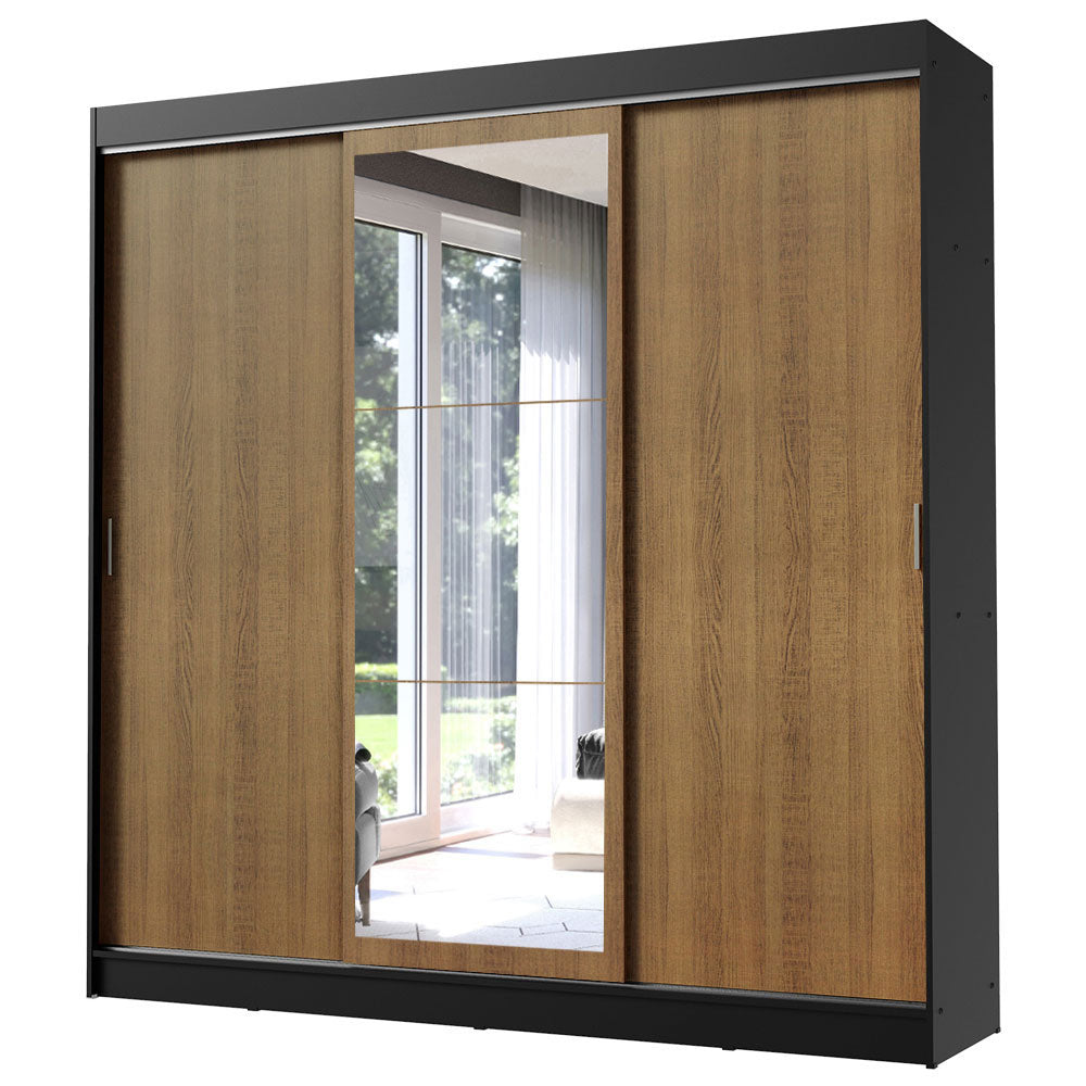 Guarda-Roupa Casal Madesa Istambul 3 Portas de Correr com Espelho 3 Gavetas Preto/Rustic