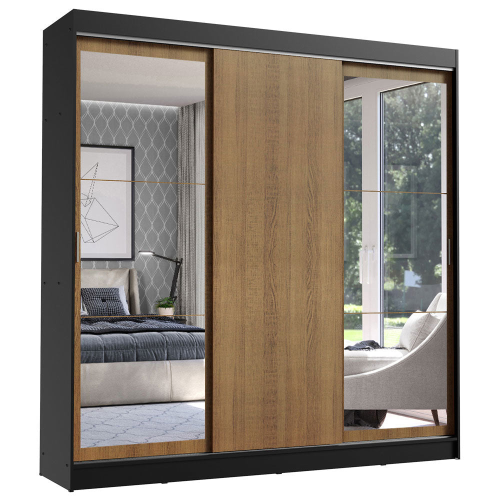 Guarda-Roupa Casal Madesa Istambul 3 Portas de Correr com Espelhos 3 Gavetas Preto/Rustic