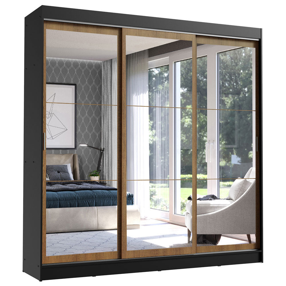 Guarda-Roupa Casal Madesa Istambul 3 Portas de Correr de Espelho 3 Gavetas Preto/Rustic