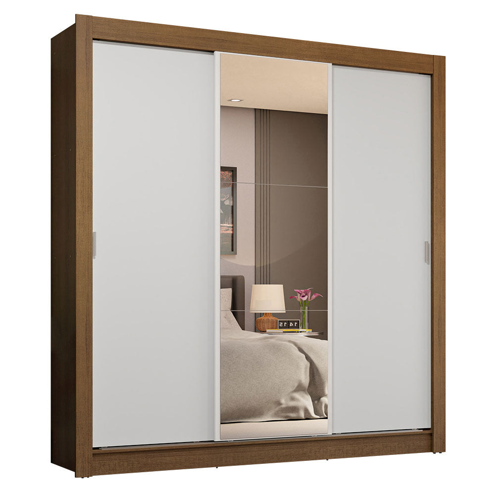 Guarda-Roupa Casal 3 Portas de Correr com Espelho 4 Gavetas Rustic/Branco Sublime Plus Madesa