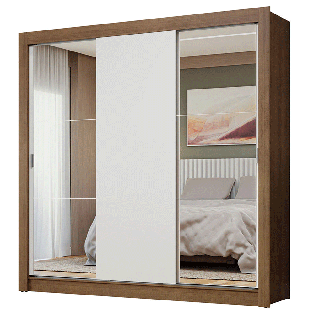Guarda-Roupa Casal 3 Portas de Correr com Espelhos Rustic/Branco Nobre Madesa