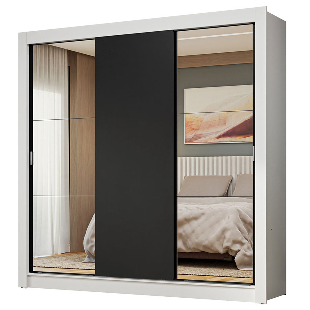 Guarda-Roupa Casal 3 Portas de Correr com Espelhos Branco/Preto Nobre Madesa