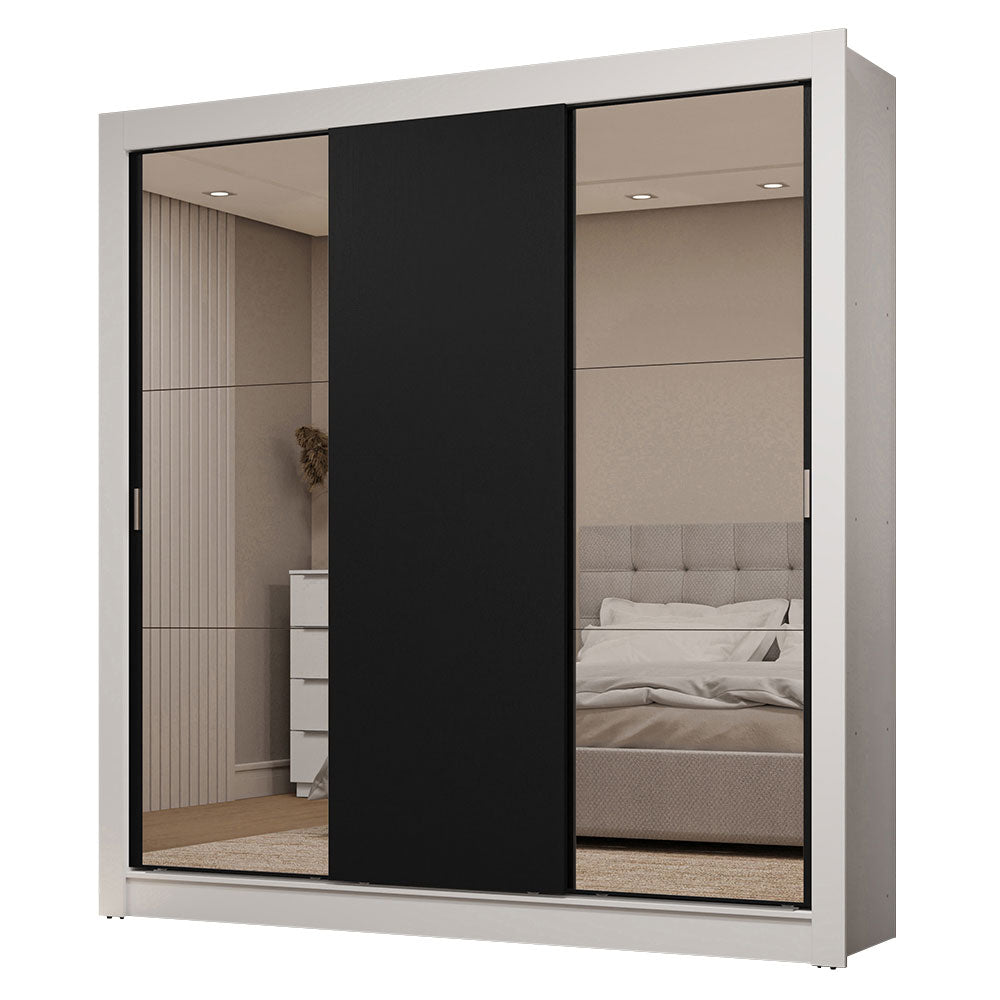 Guarda-Roupa Casal 3 Portas de Correr com Espelhos 2 Gavetas Branco/Preto Sublime Madesa