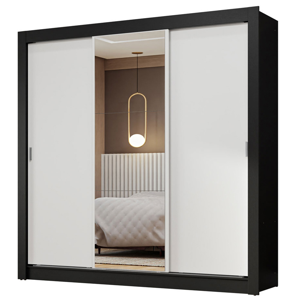 Guarda-Roupa Casal 3 Portas de Correr com Espelho Preto/Branco Nobre Madesa