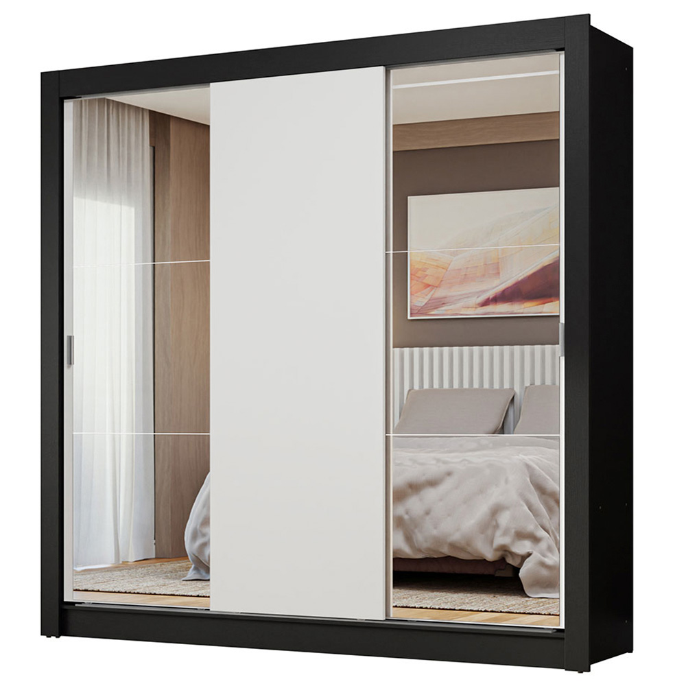 Guarda-Roupa Casal 3 Portas de Correr com Espelhos Preto/Branco Nobre Madesa