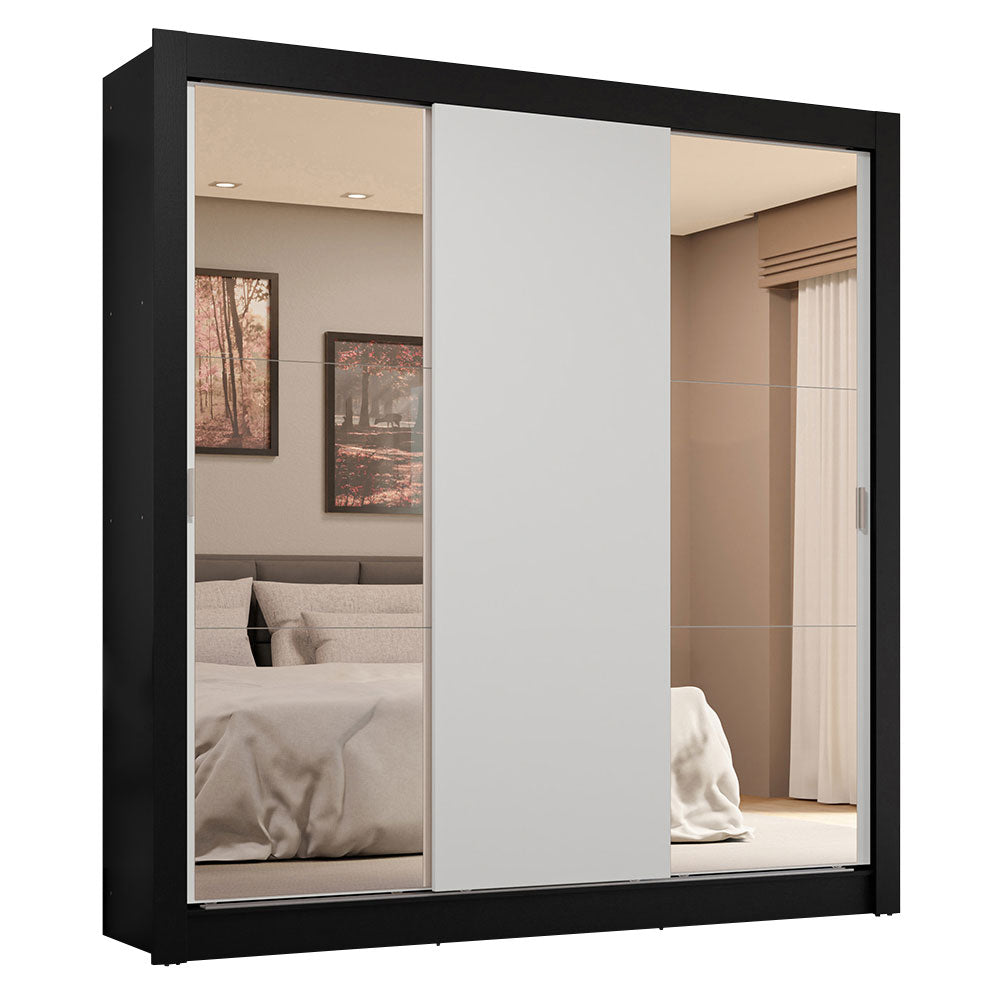 Guarda-Roupa Casal 3 Portas de Correr com Espelhos 4 Gavetas Preto/Branco Sublime Plus Madesa
